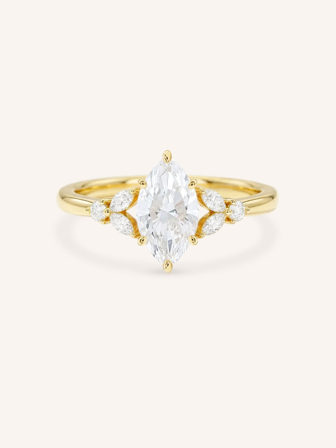 Yellow gold Kyleigh marquise diamond engagement ring front view on white background