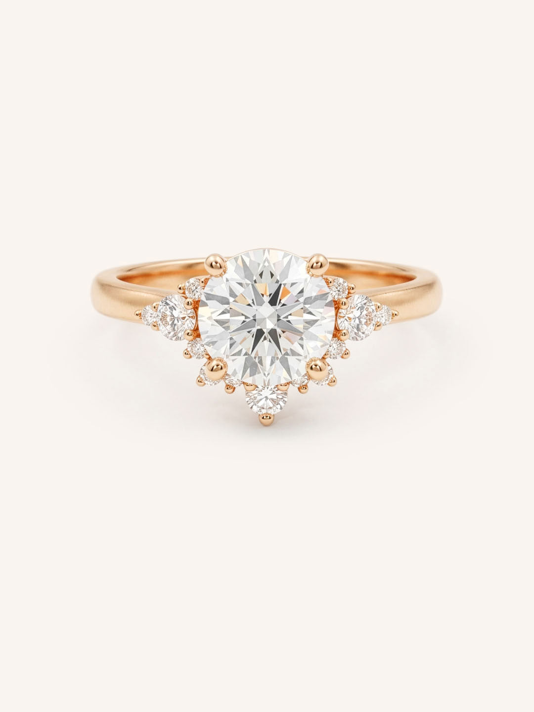 Rose gold Merilyn round diamond cluster engagement ring front view on white background