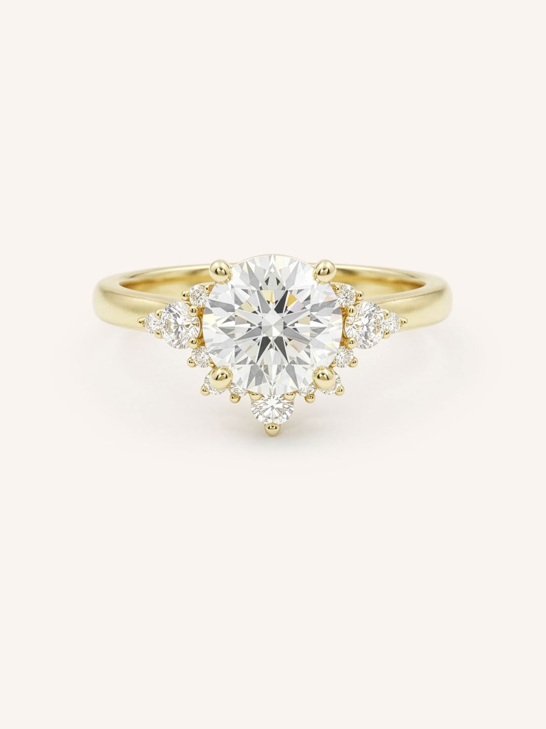 Yellow gold Merilyn round diamond cluster engagement ring front view on white background