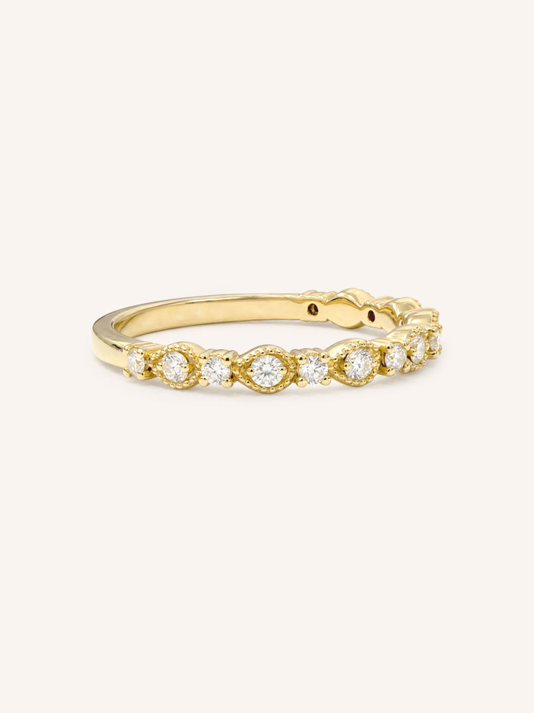 Yellow Gold Bayberry Milgrain Edge Diamond Anniversary Band side view on white background