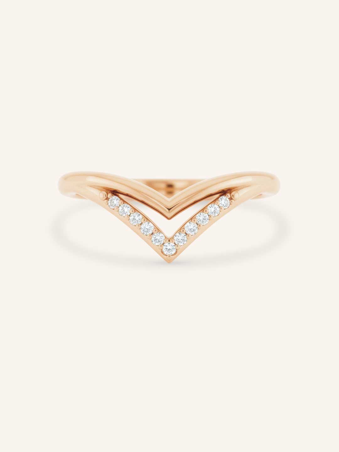 Rose Gold Double Chevron Diamond Wedding Band front view on white background