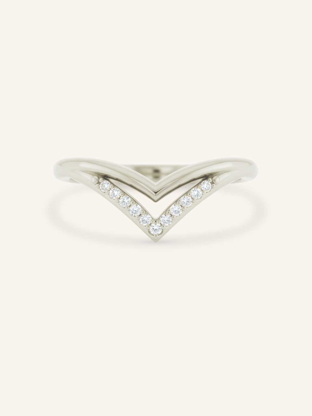 White Gold Double Chevron Diamond Wedding Band front view on white background