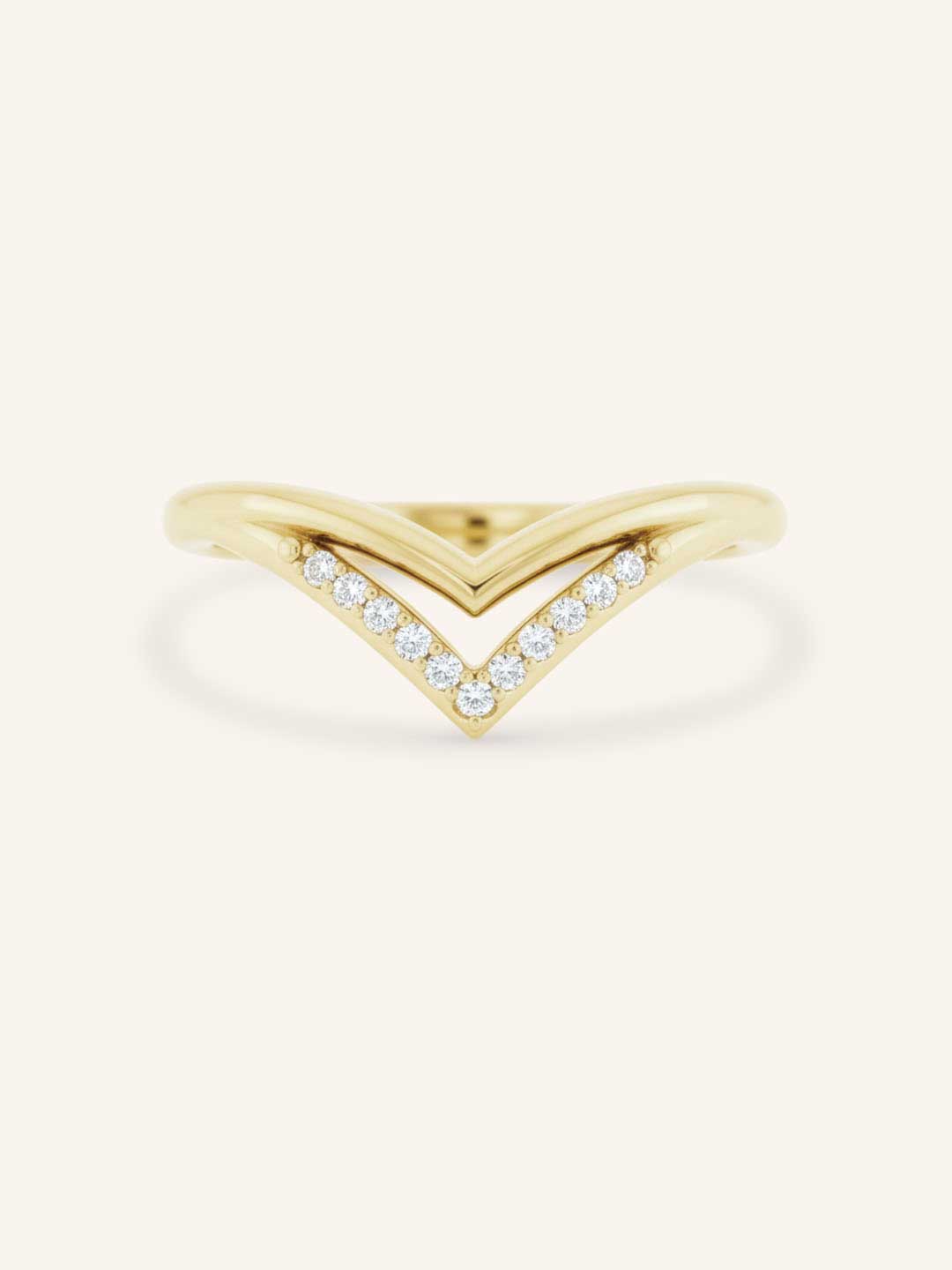 Yellow Gold Double Chevron Diamond Wedding Band front view on white background