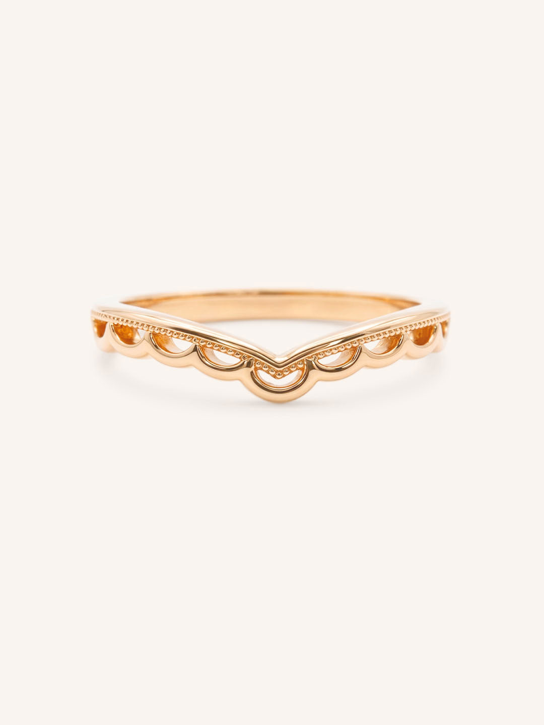 Rose Gold Scalloped Milgrain Chevron Stackable Ring front view on white background