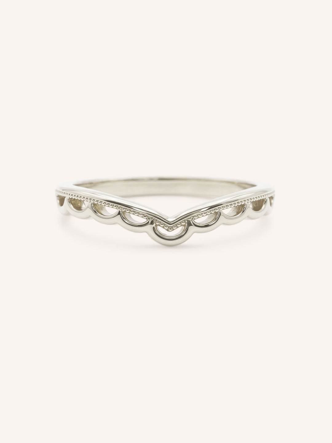 White Gold Scalloped Milgrain Chevron Stackable Ring front view on white background