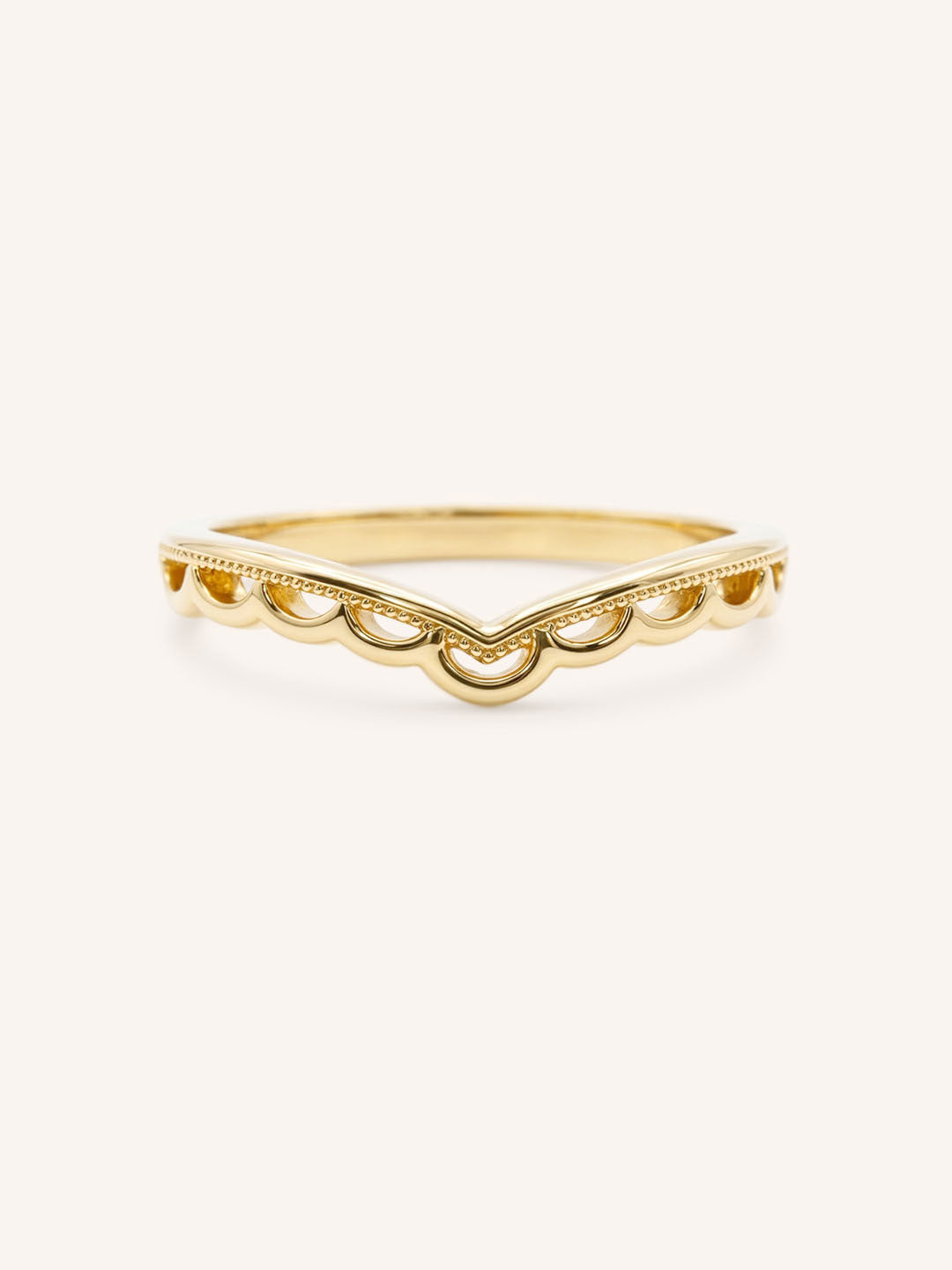 Yellow Gold Scalloped Milgrain Chevron Stackable Ring front view on white background