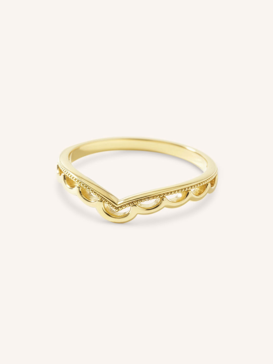Yellow Gold Scalloped Milgrain Chevron Stackable Ring side view on white background