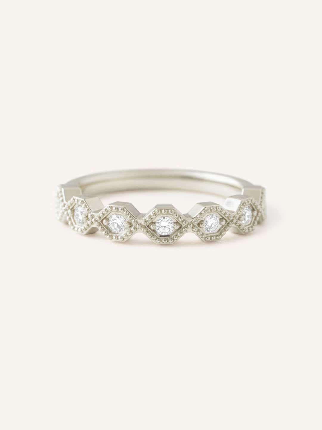 White Gold Honeycomb Milgrain Diamond Anniversary Band front view on white background