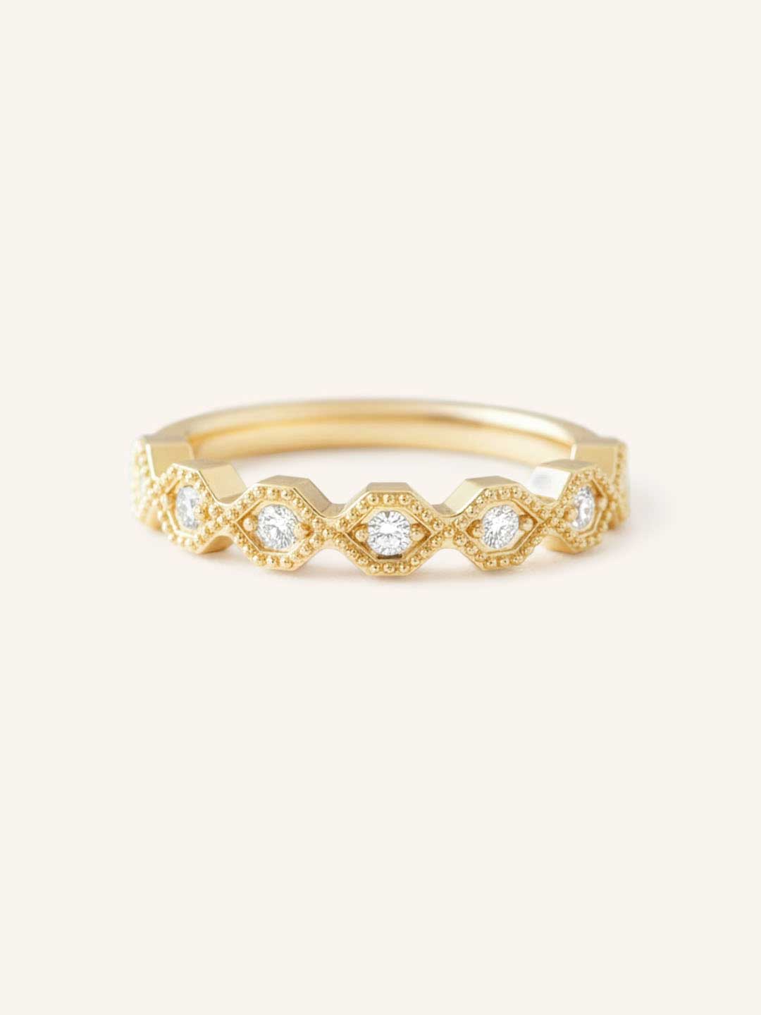 Yellow Gold Honeycomb Milgrain Diamond Anniversary Band front view on white background