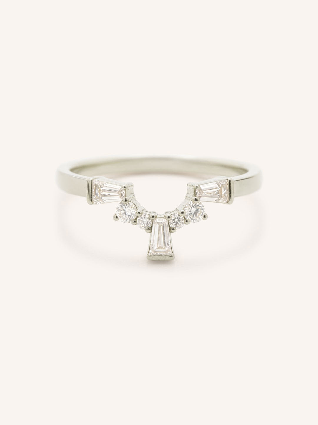 White gold Gillespie curved diamond wedding band front view on white background