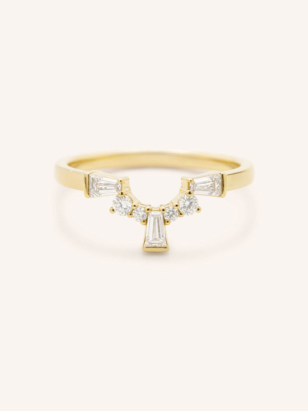 Yellow gold Gillespie curved diamond wedding band front view on white background