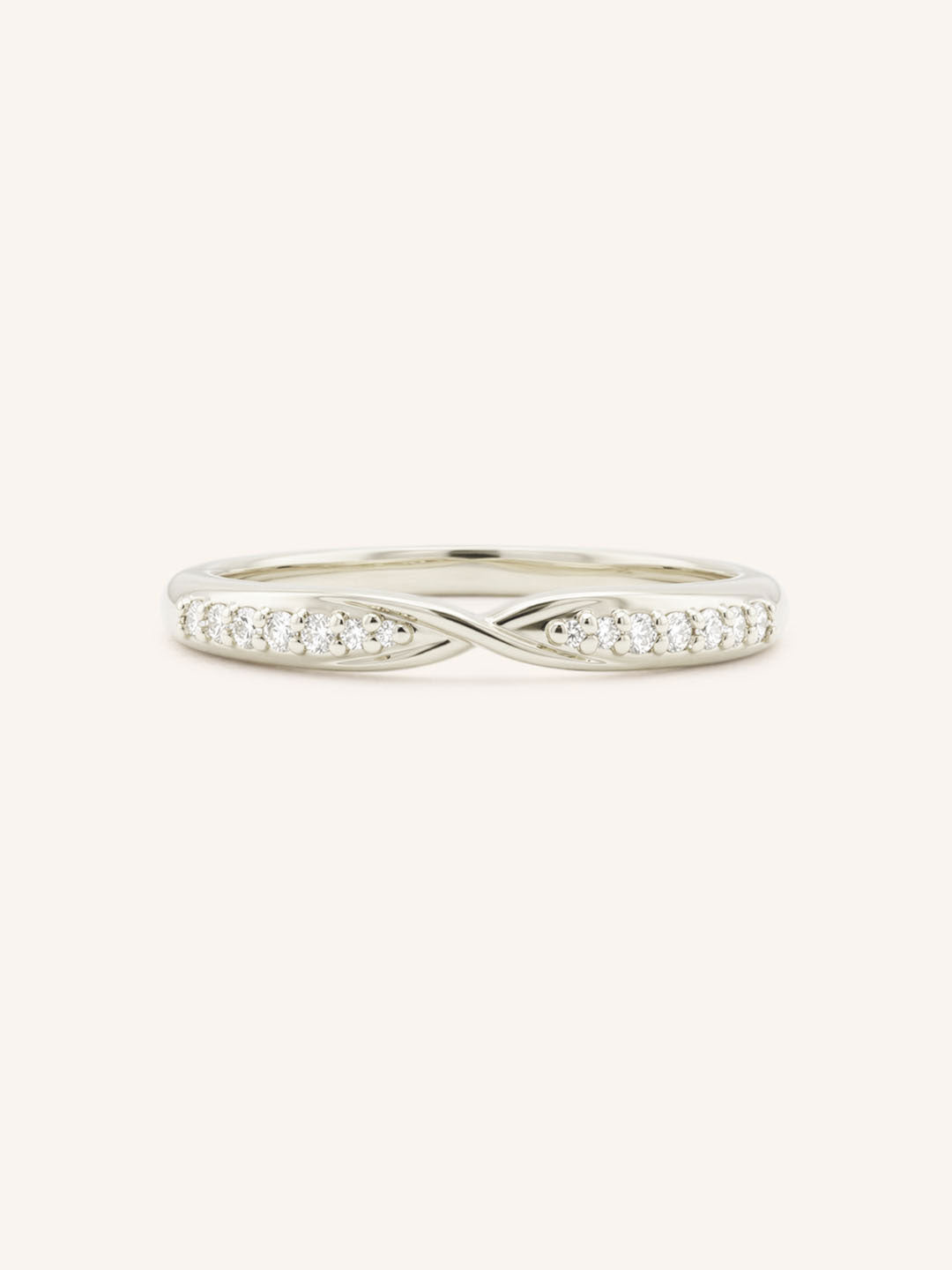 White gold Sorrel diamond criss-cross contour band front view on white background