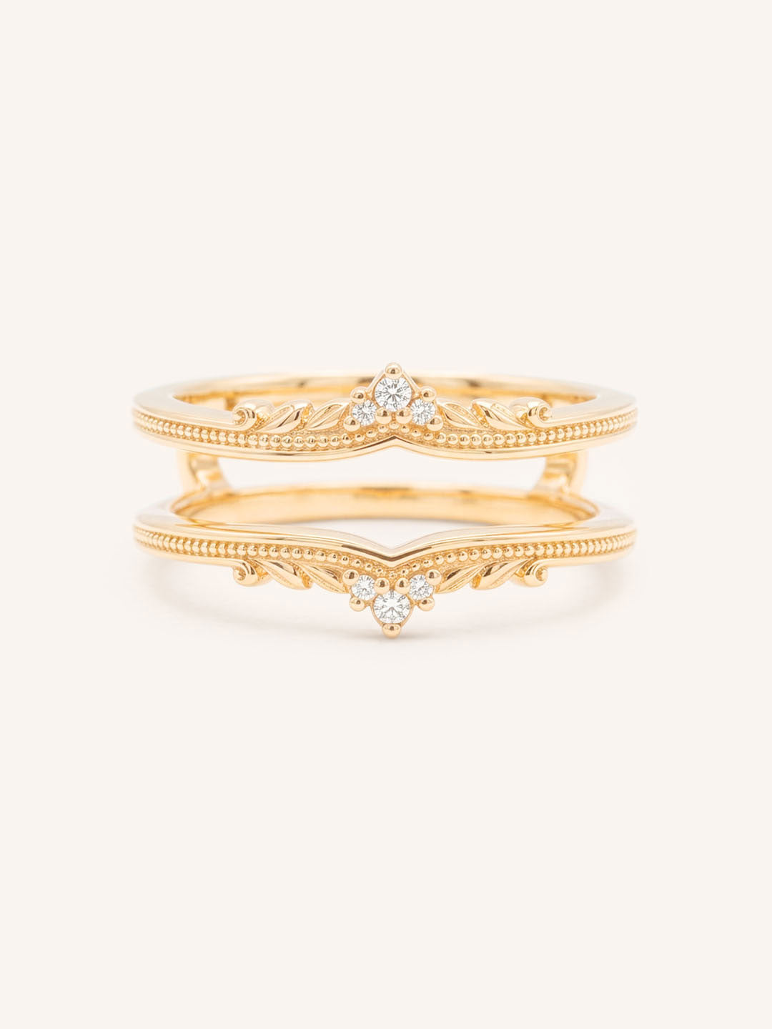 Rose gold Junelli diamond milgrain ring guard front view on white background