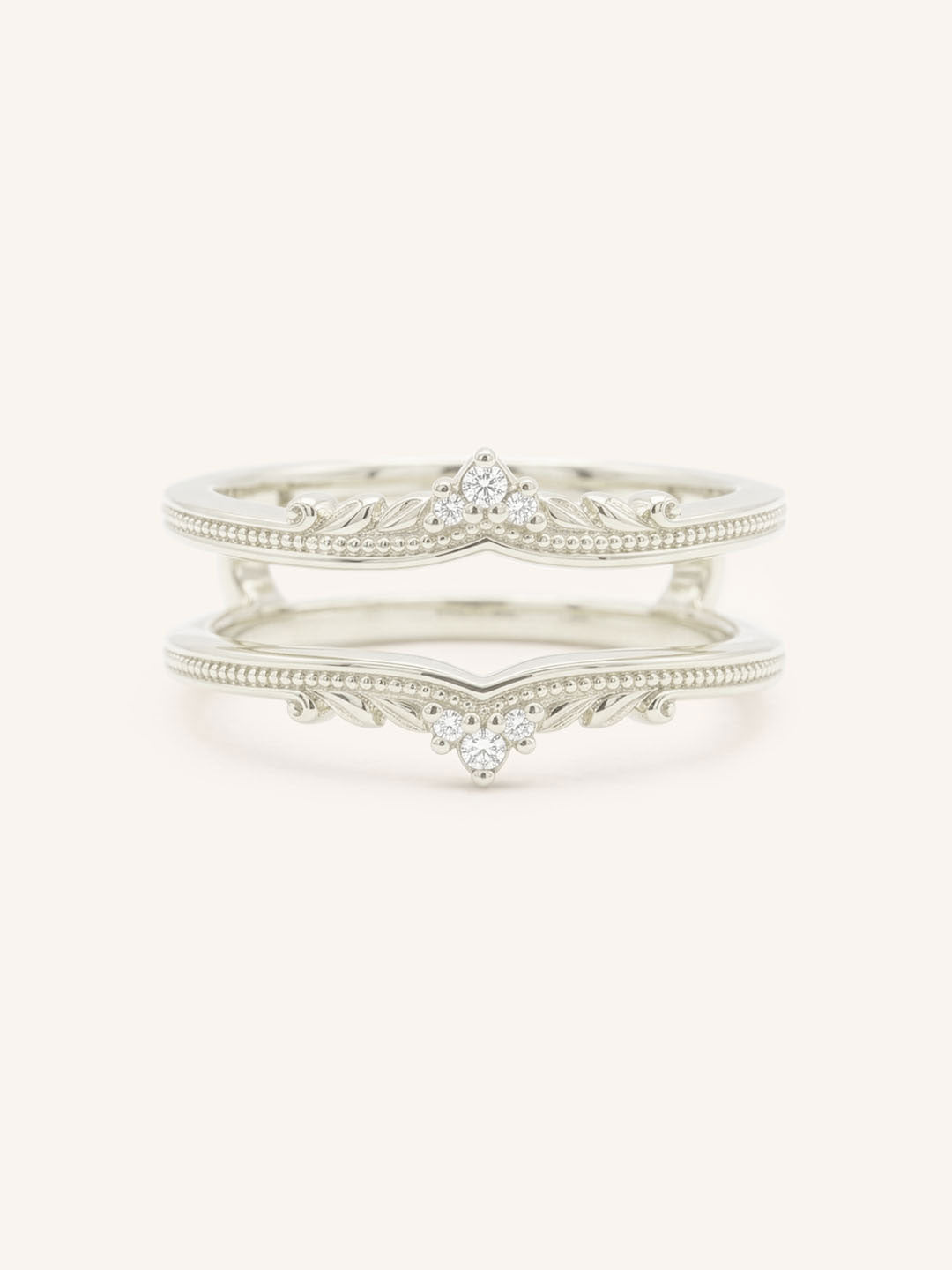 White gold Junelli diamond milgrain ring guard front view on white background