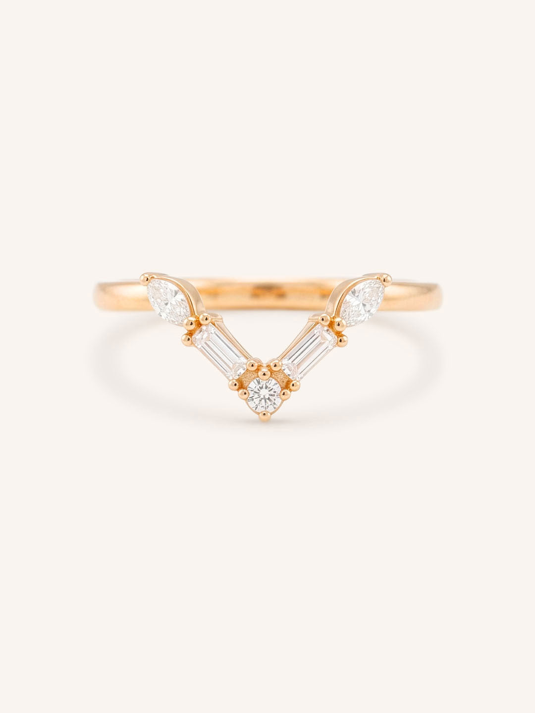 Rose gold Rosalina V diamond wedding band front view on white background