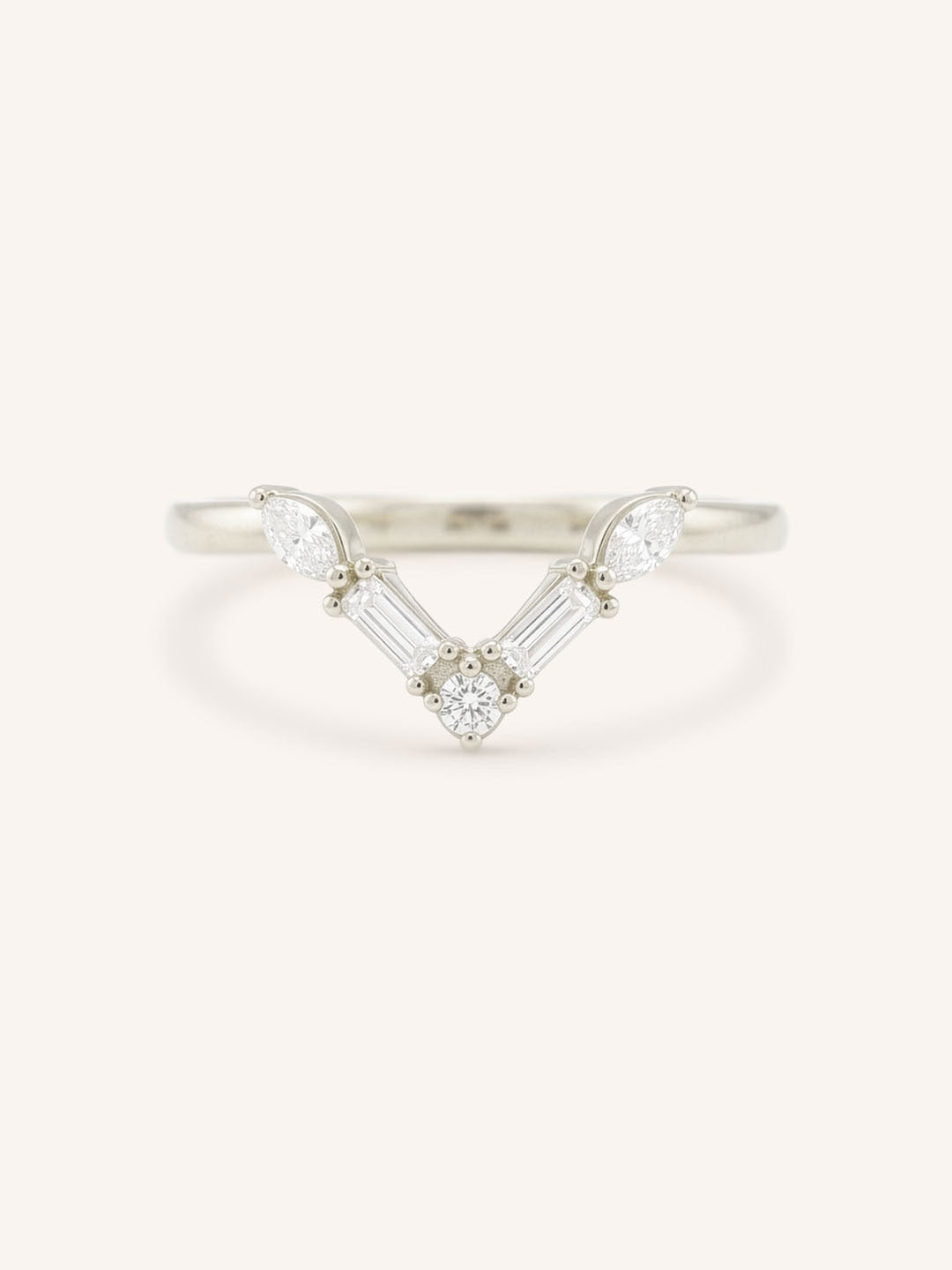 White gold Rosalina V diamond wedding band front view on white background