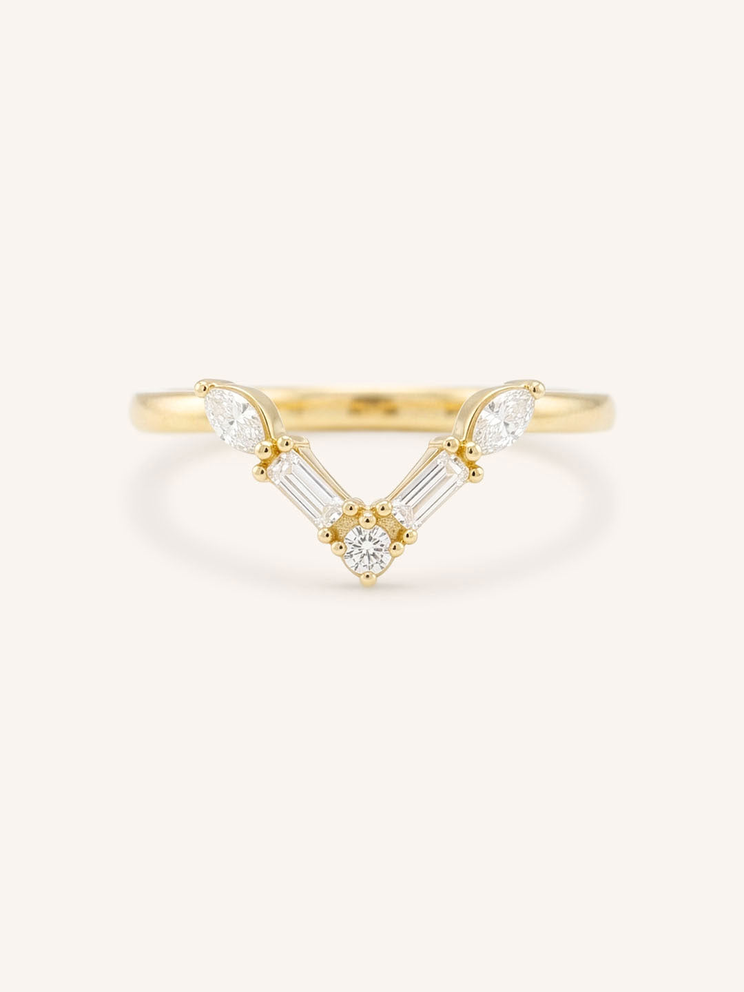 Yellow gold Rosalina V diamond wedding band front view on white background