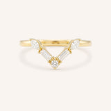 Yellow gold Rosalina V diamond wedding band front view on white background