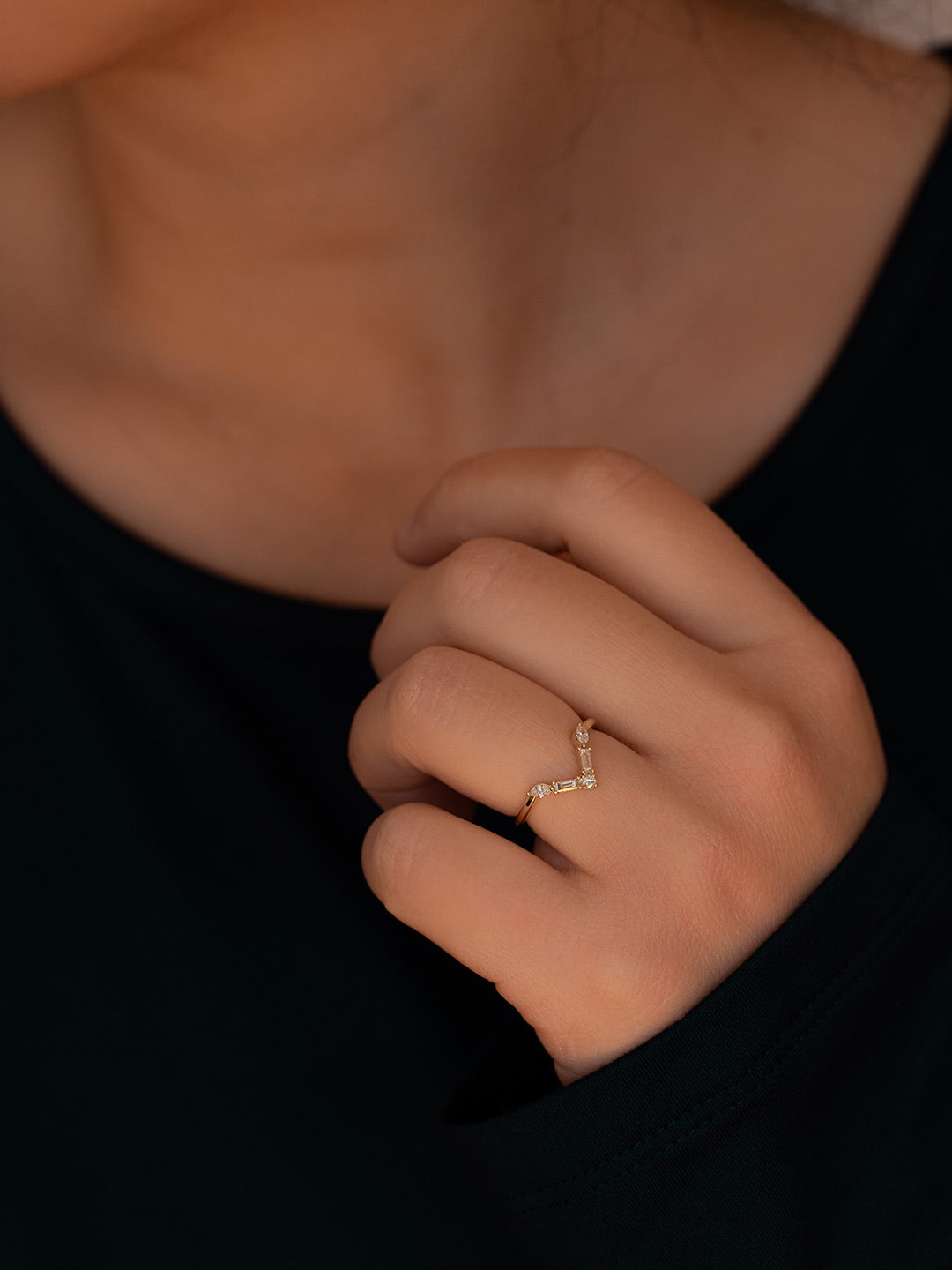 Rosalina V diamond wedding band lifestyle photo worn on hand