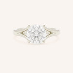 White Gold round diamond split shank engagement ring on white background