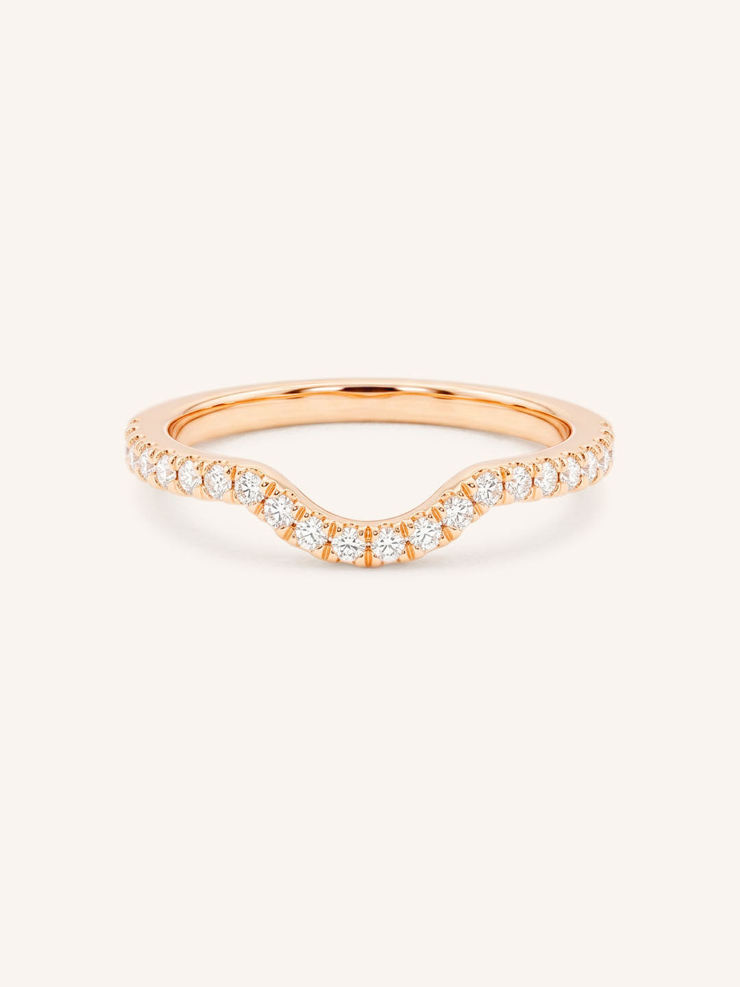 Rose gold Milla curved diamond wedding band front view on white background