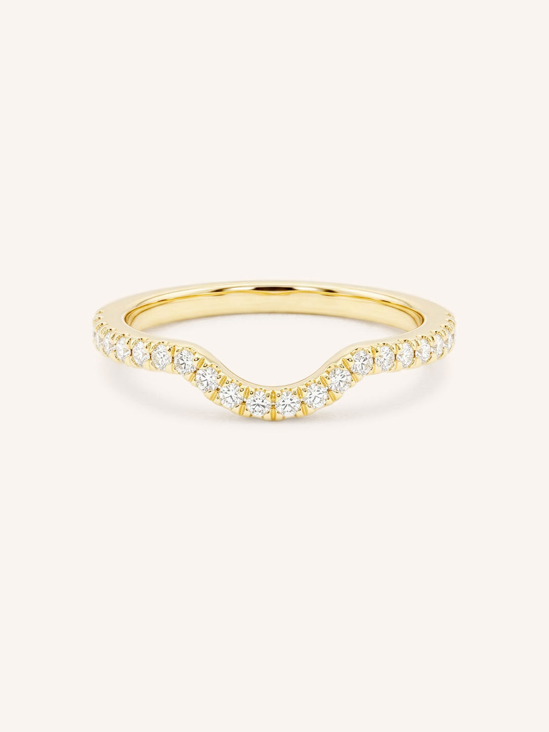 Yellow gold Milla curved diamond wedding band front view on white background