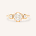 Rose Gold Tamara Round Three Stone Diamond Bezel Engagement Ring front view on white background