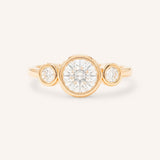 Rose Gold Tamara Round Three Stone Diamond Bezel Engagement Ring front view on white background