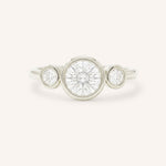 White Gold Tamara Round Three Stone Diamond Bezel Engagement Ring front view on white background