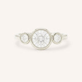 White Gold Tamara Round Three Stone Diamond Bezel Engagement Ring front view on white background