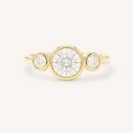 Yellow Gold Tamara Round Three Stone Diamond Bezel Engagement Ring front view on white background