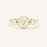 Yellow Gold Tamara Round Three Stone Diamond Bezel Engagement Ring front view on white background