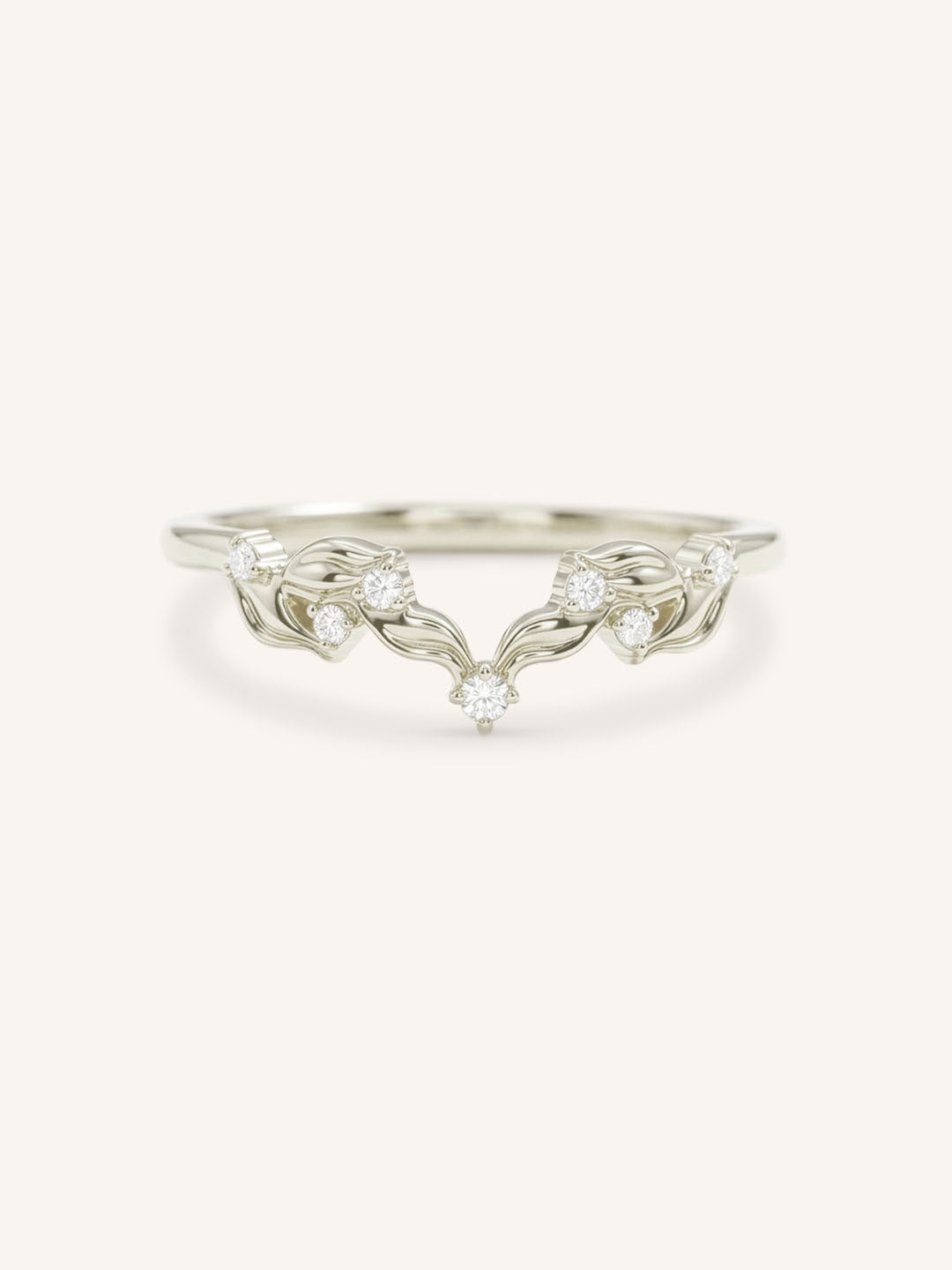 White gold Wildwood diamond curved ring front view on white background