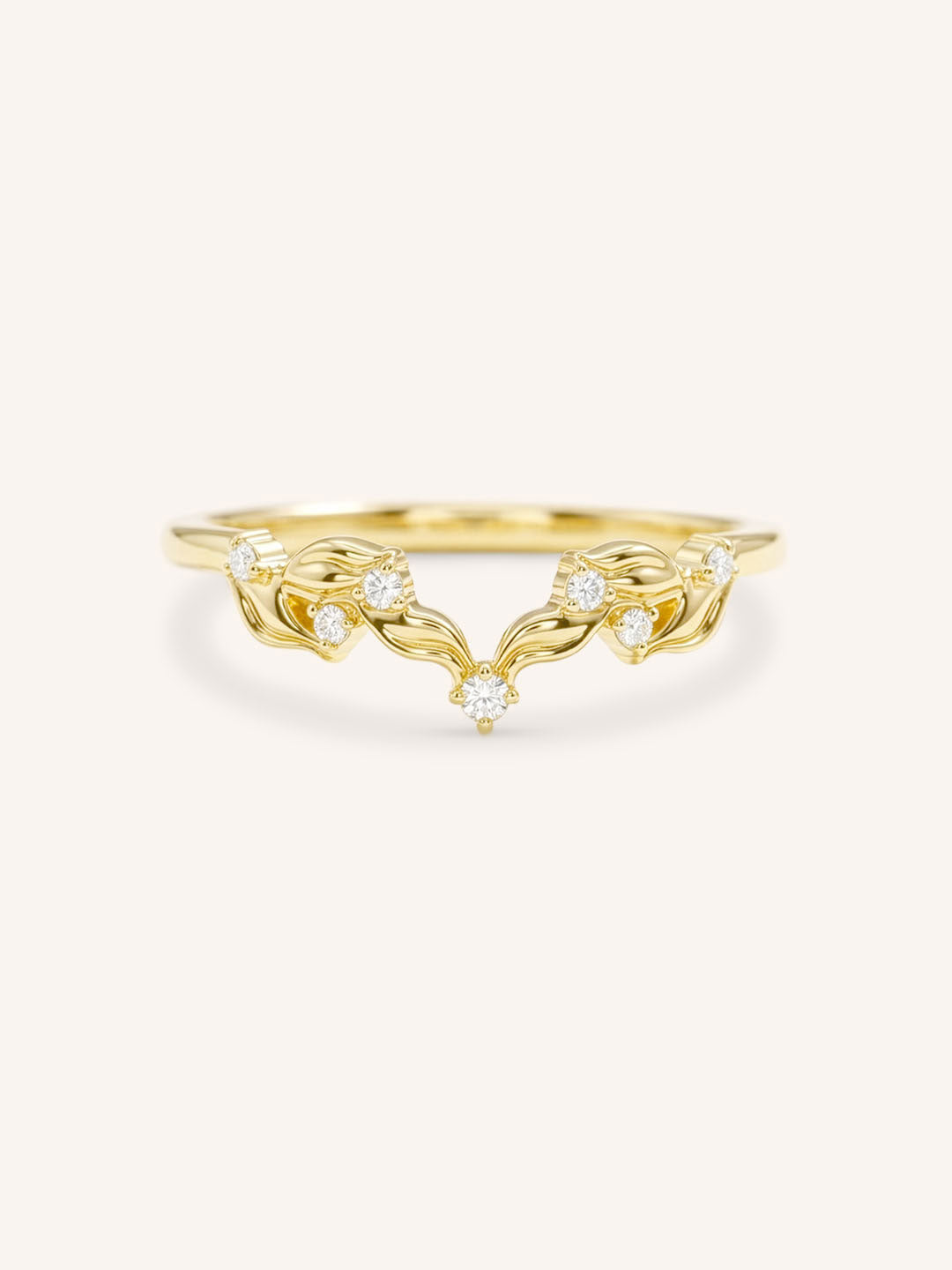 Yellow gold Wildwood diamond curved ring front view on white background