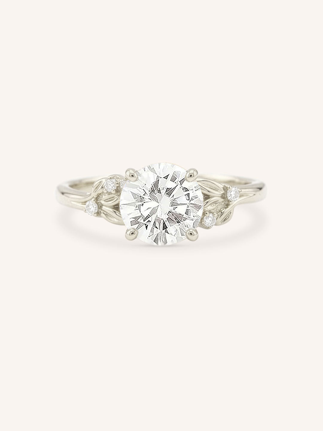 White gold floral round diamond engagement ring front view on white background