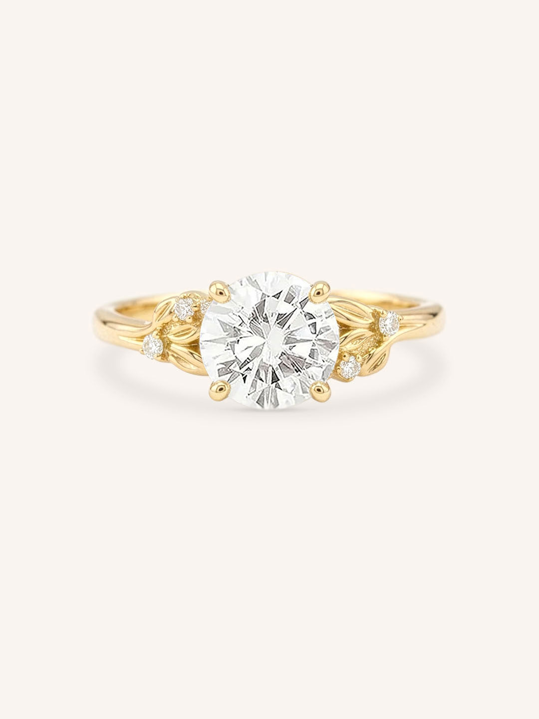 Yellow gold floral round diamond engagement ring front view on white background