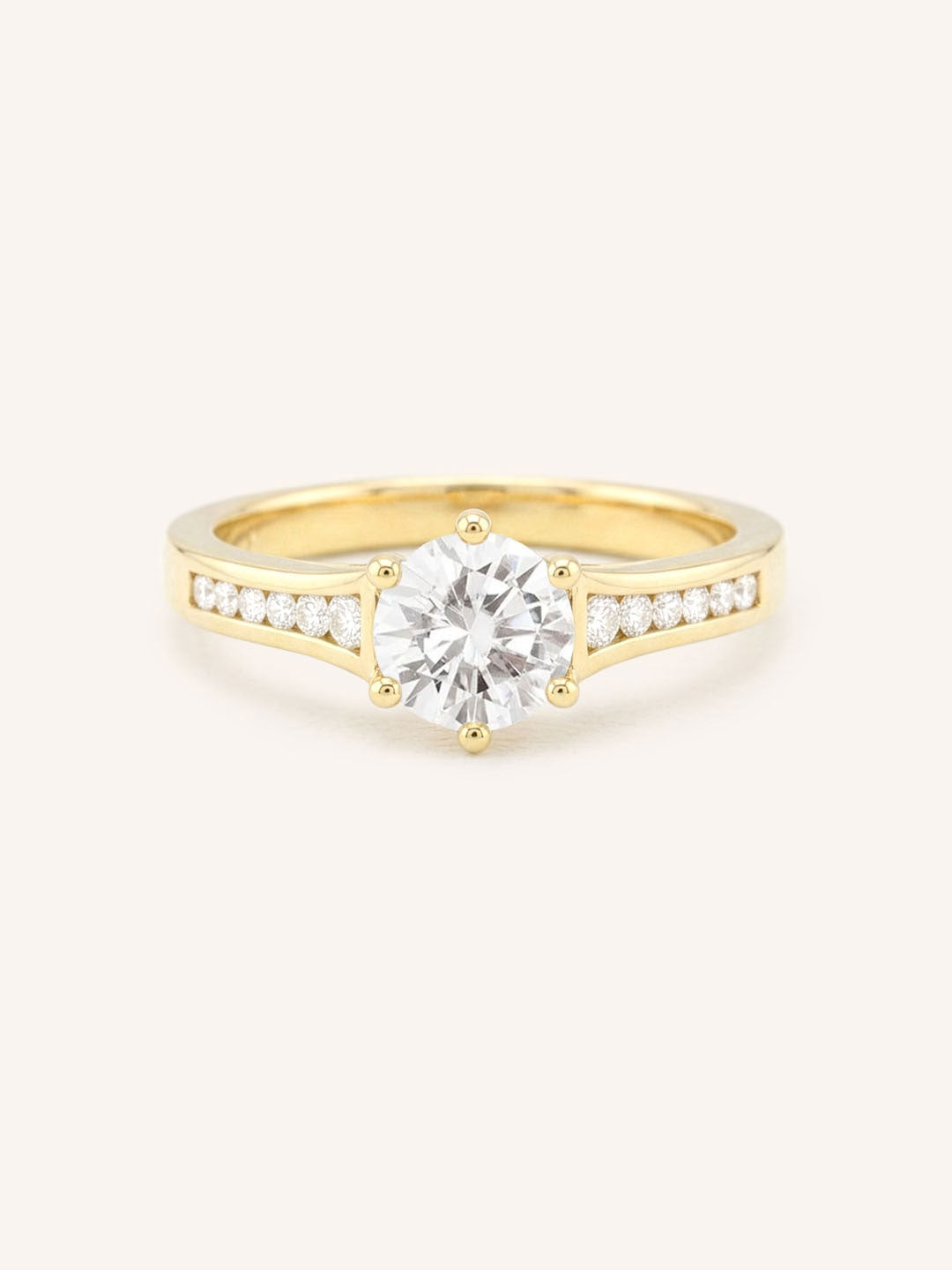 Yellow gold Lucid round diamond engagement ring front view on white background