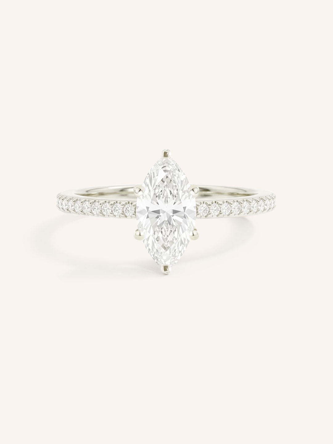 White gold marquise diamond solitaire engagement ring with diamond accents front view on white background