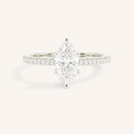 White gold marquise diamond solitaire engagement ring with diamond accents front view on white background