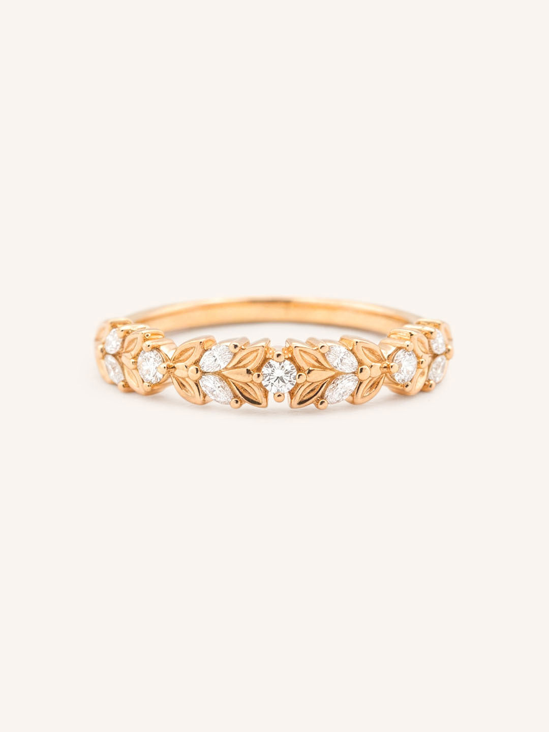 Rose gold Dahlia Bloom diamond leaf ring front view on white background
