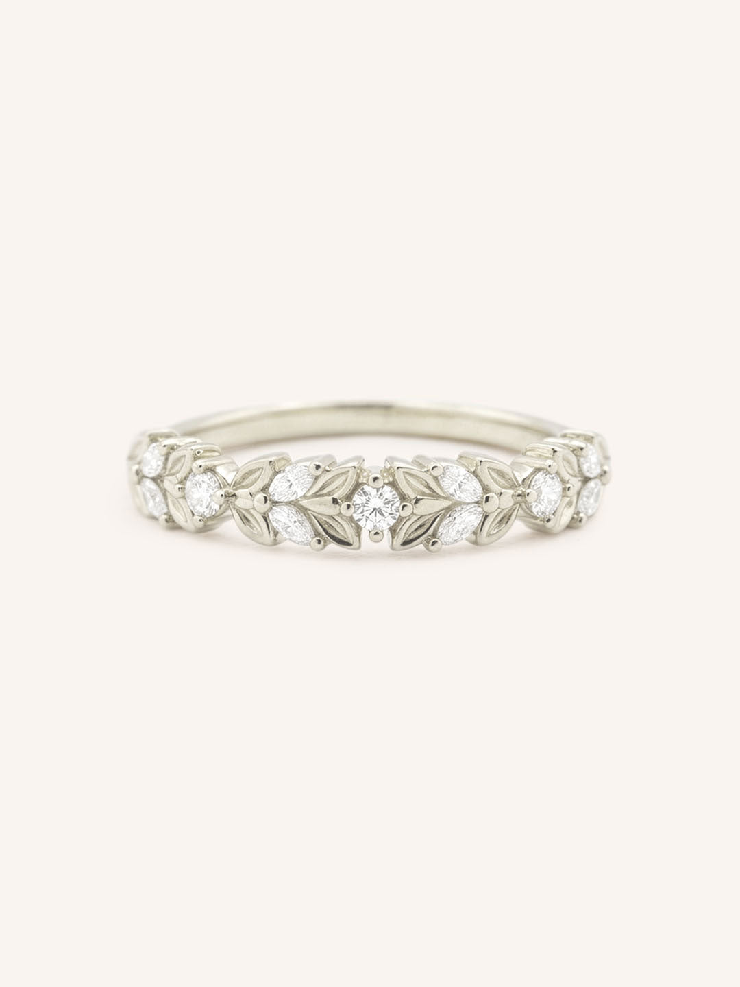 White gold Dahlia Bloom diamond leaf ring front view on white background