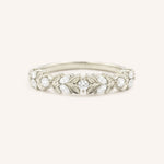 White gold Dahlia Bloom diamond leaf ring front view on white background