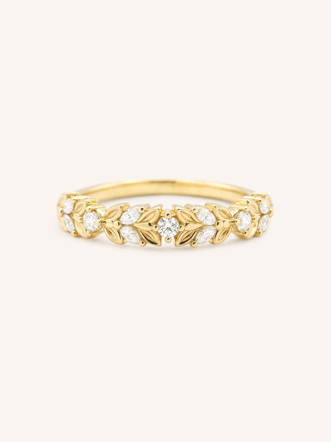 Yellow gold Dahlia Bloom diamond leaf ring front view on white background
