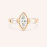 Rose gold Grannis marquise three stone and baguette diamond engagement ring front view on white background