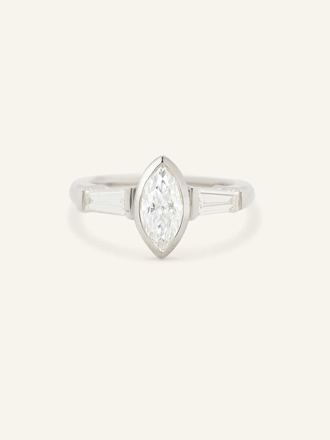 Grannis Three Stone Marquise and Baguette Diamond Engagement Ring