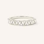 White gold round band scattered cluster diamond ring front view on white background
