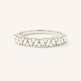 White gold round band scattered cluster diamond ring front view on white background