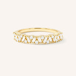 Yellow gold round band scattered cluster diamond ring front view on white background