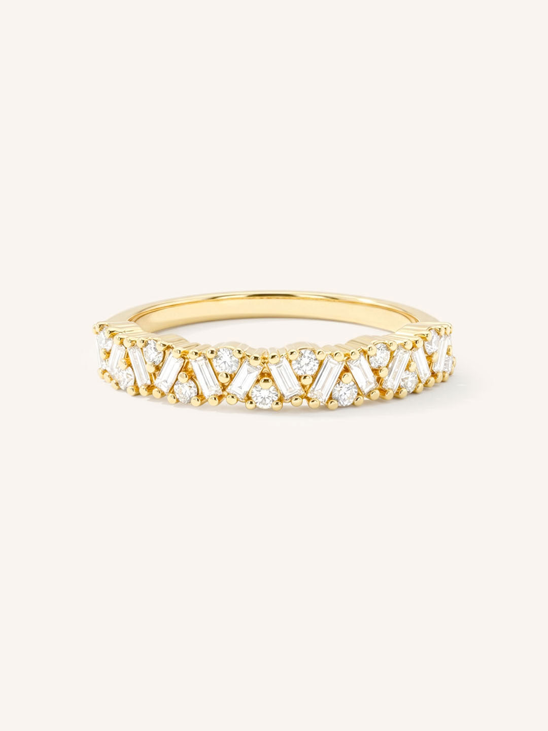 Yellow gold round band scattered cluster diamond ring front view on white background