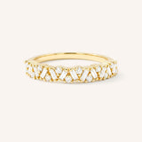 Yellow gold round band scattered cluster diamond ring front view on white background